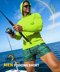 Man wearing neon green hooded sun shirt fishing on a boat under blue sky, part of Three Pack Men's UPF Fifty Plus Hooded Sun Shirts set.