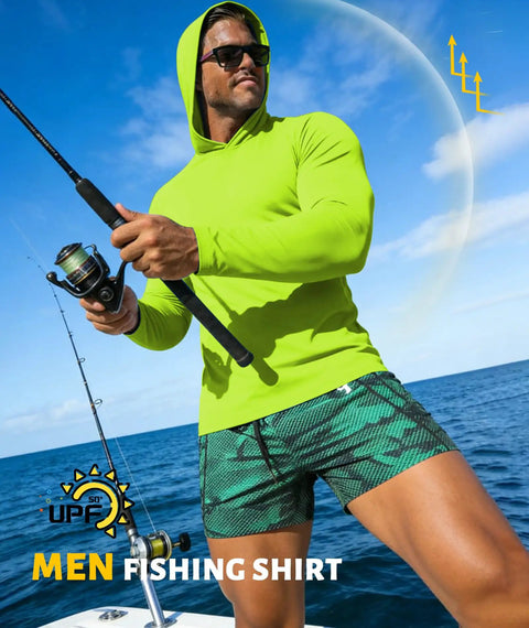 Man wearing neon green hooded sun shirt fishing on a boat under blue sky, part of Three Pack Men's UPF Fifty Plus Hooded Sun Shirts set.