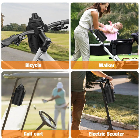 Universal Bike Cup Holder With Phone Pockets For Stroller Walker Golf Cart Rollator And Scooter Adjustable 1.5 To 2.3 Inch Handlebar Anti Slip Velcro Straps Fits Road Mountain And Electric Bikes Outdoor Black shown on bike, stroller, golf cart, and scooter.