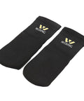 Black instep guard for MMA boxing and kickboxing training with foam liner breathable elastic fabric protects instep and ankle.