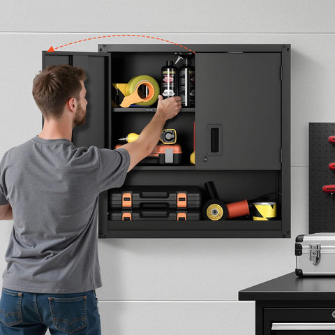 Person accessing a Heavy Duty Metal Wall Cabinet With Locking Doors And Adjustable Shelves, 30W x 12.01D x 30H Inches, Steel