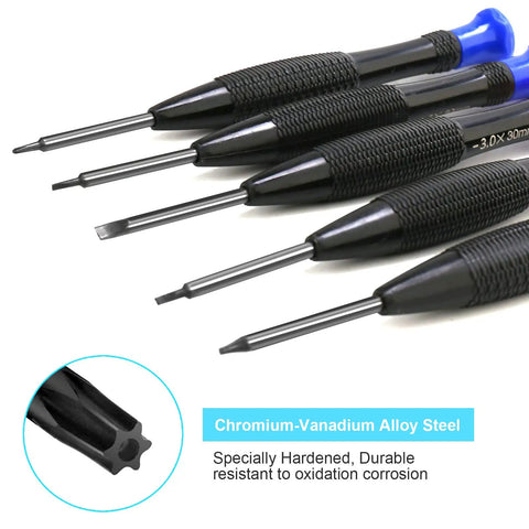 Close-up of precision screwdriver tips from Magnetic 25 Piece Nerd-Grade Precision Screwdriver Set with Torx T3 to T10. Chromium-vanadium steel.