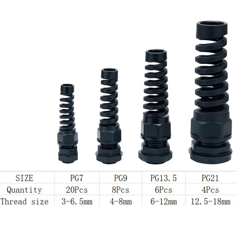 All-In-One Cable Gland Kit Set With 38 Pieces Covering PG7 Through PG21 Waterproof 3-18mm Nylon PA66 Strain Relief Springs IP68 Durable For Enclosures, Electrical Boxes, Robotics, And DIY Projects. PG7 PG9 PG13.5 PG21 sizes