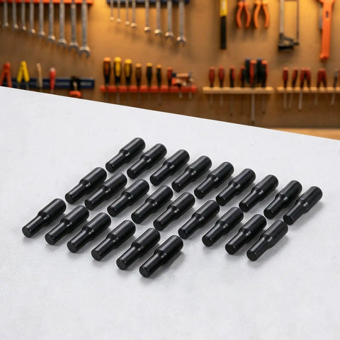 24 Beefed Up Shelf Support Pegs With Rubber Covers Black Carbon Steel arranged on a table in workshop