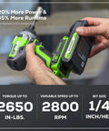 Hands holding 24V Brushless Impact Driver Kit With 3 Speed Settings, 2650 In-Lbs Torque, 2Ah Battery, And 2A Charger