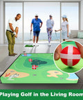 Group using Ultimate 70 By 70 Inch Golf Chipping Game Mat For Indoor And Outdoor Practice in living room setting