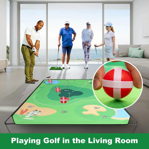 Group using Ultimate 70 By 70 Inch Golf Chipping Game Mat For Indoor And Outdoor Practice in living room setting
