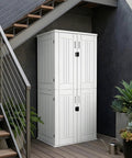 Weatherproof Outdoor Storage Cabinet With Four Shelves And Lockable Door Built To Last Tall White Resin Shed Stands 66 Inches High