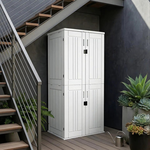 Weatherproof Outdoor Storage Cabinet With Four Shelves And Lockable Door Built To Last Tall White Resin Shed Stands 66 Inches High