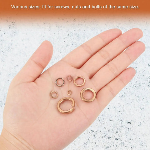 Copper Split Lock Washers M8 10 Pack Spring Lock Washer Assortment For Screws Bolts Nuts Anti Loosening Durable Pickled Copper Finish displayed on a hand