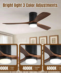 52 Inch Ceiling Fan With Lights 3 Solid Wood Fan Blade featuring adjustable LED light in three color options.