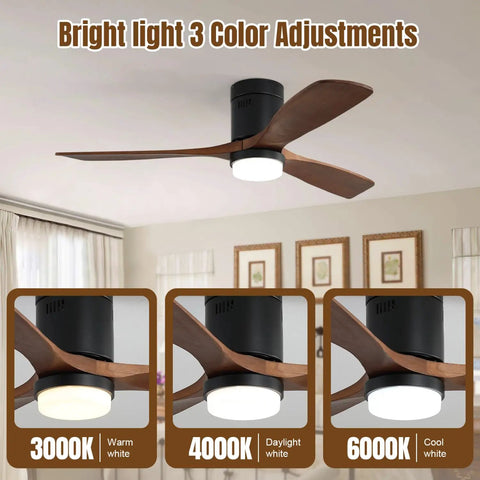 52 Inch Ceiling Fan With Lights 3 Solid Wood Fan Blade featuring adjustable LED light in three color options.