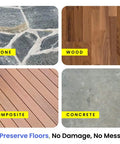 Four floor types: stone, wood, composite, and concrete, with text 'Preserve Floors, No Damage, No Mess'.