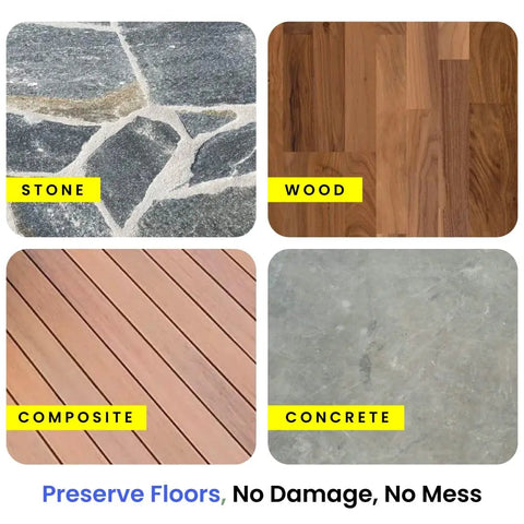 Four floor types: stone, wood, composite, and concrete, with text 'Preserve Floors, No Damage, No Mess'.