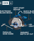 6 1/2 Inch Cordless Circular Saw With Kickass Cold Cut Design For Spark Free Steel Slicing, features LED light, electronic brake.