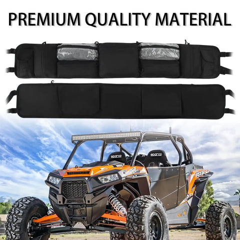 Extra Thick Hella Tough UTV Roll Cage Storage Bag With Secure Straps For Arctic Cat Prowler Ev, black, multi-compartment, mounted on vehicle.