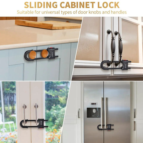 Four Pack Heavy Duty U Shape Cabinet Locks With Adjustable Password Latches securing various cabinet types in black.