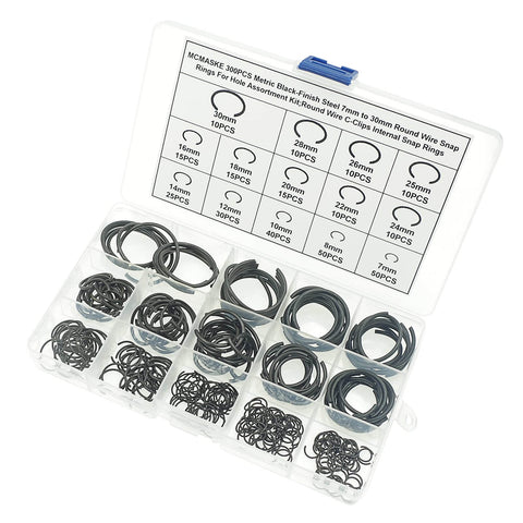 300 Piece Metric Round Wire Internal Snap Ring Assortment Kit In Carbon Spring Steel With Black Finish Includes 14 Bore Sizes From 7mm To 30mm displayed in open case