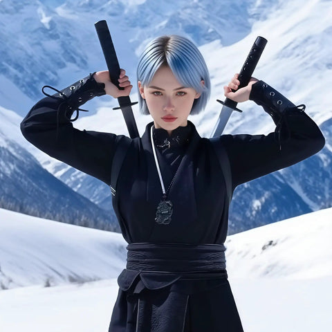 Person wearing Lightweight PU Sword Carry Bag With Back Strap Waistband For Ninja Cosplay Dual Sword Holder in snowy mountains.