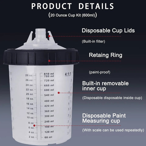 Save Yourself Some Grief With These Disposable Hvlp Paint Sprayer Mixing Cups Kit showing 20 oz paint measuring cup with lid and markings.