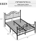 Queen Metal Bed Frame With Classical Headboard And Footboard Matte Black Steel Platform Bed Featuring Ornate Ball Details Curved Romance Vibes A Solid Bedroom Upgrade That Built Different And Totally Slaps, showing dimensions and design.