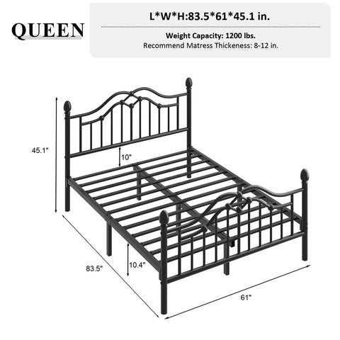 Queen Metal Bed Frame With Classical Headboard And Footboard Matte Black Steel Platform Bed Featuring Ornate Ball Details Curved Romance Vibes A Solid Bedroom Upgrade That Built Different And Totally Slaps, showing dimensions and design.