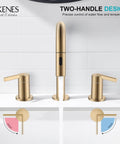 Sleek Champagne Bronze Pull Down Bathroom Faucet Featuring Twin Handles And Flexible Spray Wand Delivering Heavy Duty Performance Snug Fit On Any Widespread Sink Setup Crafted Completely Lead Free with water flow.