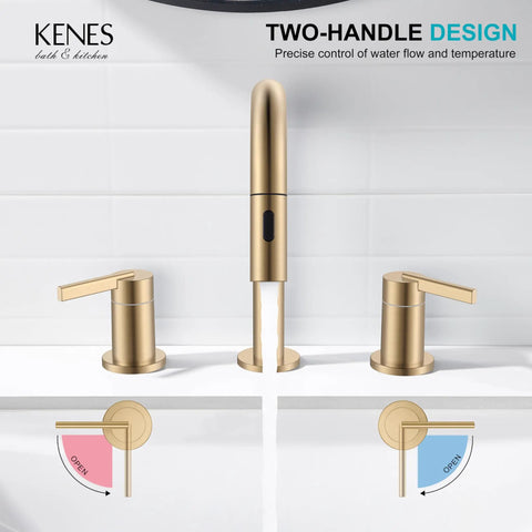 Sleek Champagne Bronze Pull Down Bathroom Faucet Featuring Twin Handles And Flexible Spray Wand Delivering Heavy Duty Performance Snug Fit On Any Widespread Sink Setup Crafted Completely Lead Free with water flow.