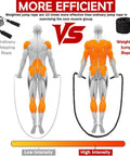 Comparison of muscle engagement using ordinary vs. Beast 1.5lb Weighted Jump Rope For Men And Women, Dope Skipping Rope For Fitness, Home Gym Training, Build Muscle And Strength, Durable Polymer Rope With Protective Sleeve, Black, showing high intensity with weighted rope.