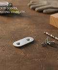 Sturdy L Bracket Corner Brace for Furniture Reinforcement, screws and drill bit on wooden table, stainless steel silver finish