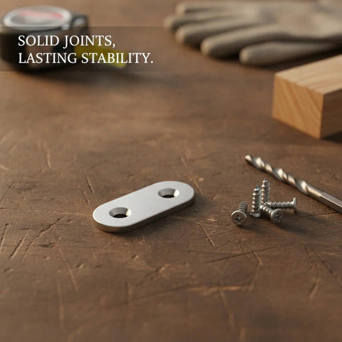 Sturdy L Bracket Corner Brace for Furniture Reinforcement, screws and drill bit on wooden table, stainless steel silver finish