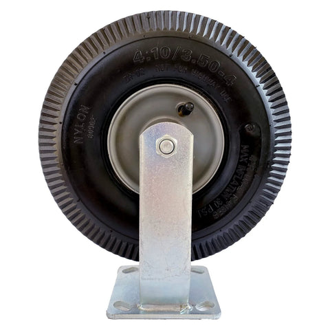 Front view of Set Of Two 10 Inch Rigid Pneumatic Caster Wheels With Black Rubber Tire 800 lb Capacity Bolt On Top Plate for industrial carts