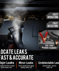 Automotive Smoke Machine With Built In Air Compressor, 12V DC Leak Detector showcasing smoke detection in an engine bay.