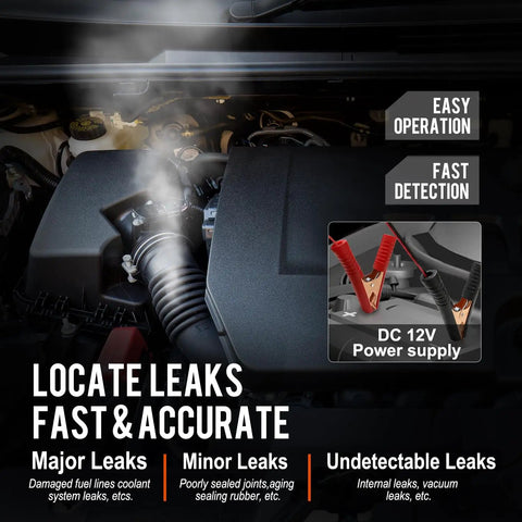 Automotive Smoke Machine With Built In Air Compressor, 12V DC Leak Detector showcasing smoke detection in an engine bay.