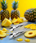 Stainless Steel Pineapple Eye Remover And Core Cutter With V Shaped Tip next to sliced pineapple, ideal for fruit prep