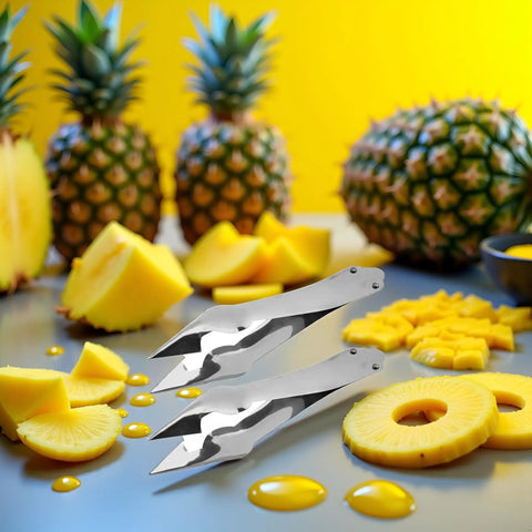 Stainless Steel Pineapple Eye Remover And Core Cutter With V Shaped Tip next to sliced pineapple, ideal for fruit prep