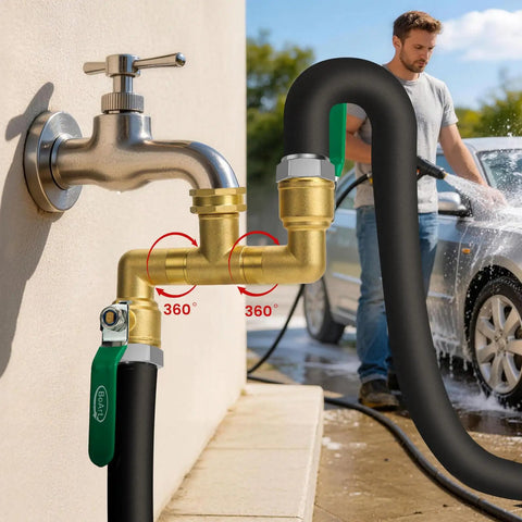 Beast Mode Heavy Duty Brass Garden Hose Splitter With 360 Degree Rotatable Joints Full Flow Large Ball Valve Long Handle Thickened Solid Brass Three Quarter Inch GHT Thread Ideal For Outdoor Faucets Lawn Irrigation And Car Wash on faucet