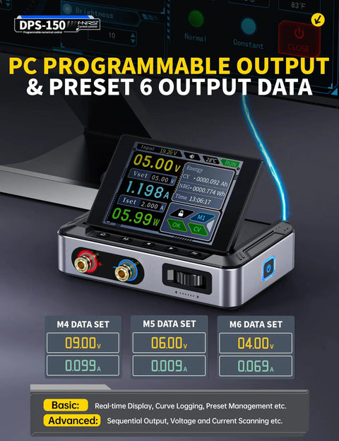 Beefy 30V 5A DC Power Supply with 150W output and 4 digit IPS display, PC programmable with 6 preset output data options visible.