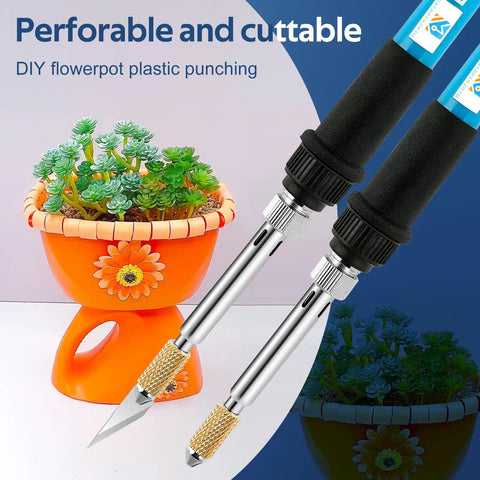 Mengmengyao Electric Hot Knife Plastic Cutter Tool For Gardening DIY Floral Pot Perforator Heat Knife beside flowerpot.