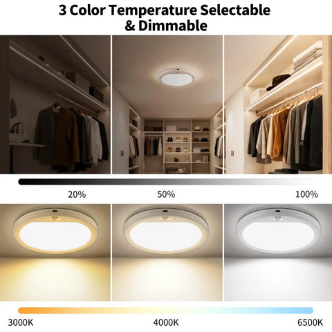 Rechargeable Motion Sensor Ceiling Light With Remote USB C Battery Powered LED 3000K 4000K 6500K Adjustable Color Magnetic No Wiring For Shower Stairs Hallway Porch Pantry Garage Patio Shed showing color and brightness settings.