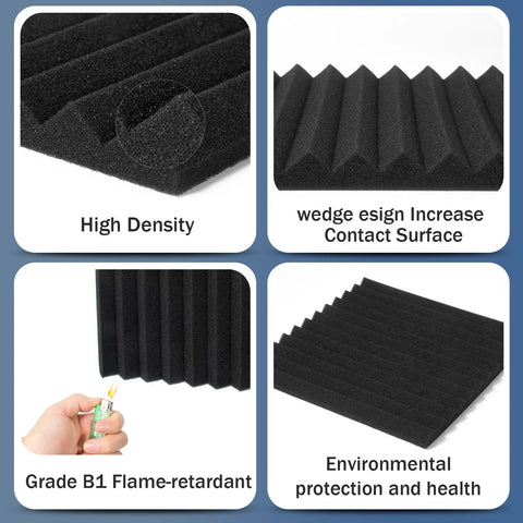 Close-up of 50 Pack Black Wedge Acoustic Foam Panels 1x12x12 Inches showing high density and wedge design for sound absorption.
