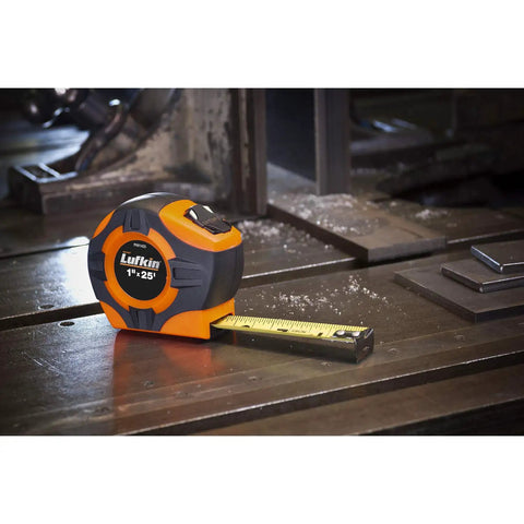 P1000 Series Hi Viz Orange Yellow Tape Measure 16 Foot 3/4 Inch Blade Power Return with Removable Belt Clip on workbench