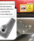 Lo Tone Muffler for Small Engines No Fuss Quiet Exhaust Solution for 6 HP Quantum and 625 675 Series Mowers and Toro Models Includes Shoulder Bolts Reduces Noise and Vibration next to caution label and muffler component