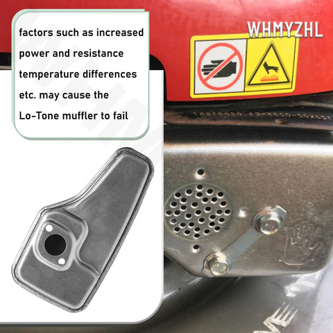Lo Tone Muffler for Small Engines No Fuss Quiet Exhaust Solution for 6 HP Quantum and 625 675 Series Mowers and Toro Models Includes Shoulder Bolts Reduces Noise and Vibration next to caution label and muffler component