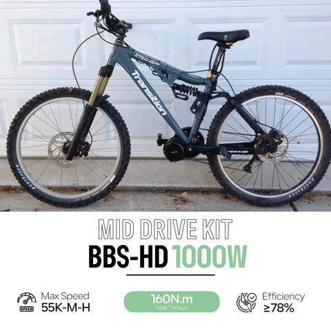 1000W Mid Drive Ebike Conversion Kit BBS-HD For 68, 73, 100, 120mm Frames, 48V/52V System, Electric Bike Upgrade With Throttle, Brake Sensor, Chainring, Headlight, Optional Battery And LCD Display, Optional Easy Mount For Mountain And Road Rides