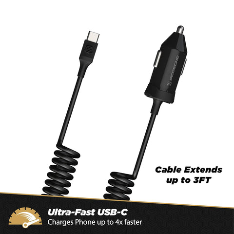 Twenty Watt Usb Type C Car Charger With Power Delivery 3.0 Fast Charging And Retractable Coiled Cable For Universal Phones And Tablets close up