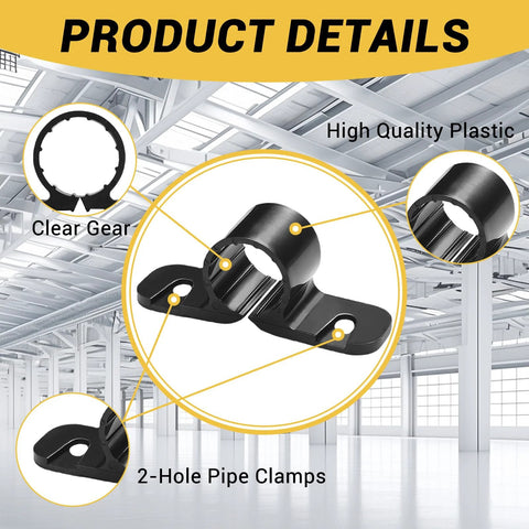 2-hole PEX pipe clamp, black nylon plastic, wall-mount base, front view