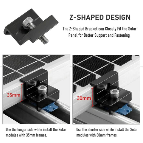 12 Pack Black Aluminum Solar Panel End Clamps For Standard Unistrut 30mm And 35mm Mounting Brackets with hardware shown