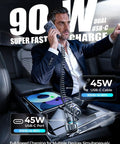 Businessman using 90W USB C Car Charger With 45W Coiled Cable For IPhone 17 16 15 Pro Max And IPhone 17E 16 15 Pro Max Plus Air Galaxy S26 Ultra And Android The Ultimate In Car Fast Charging