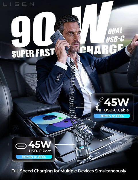 Businessman using 90W USB C Car Charger With 45W Coiled Cable For IPhone 17 16 15 Pro Max And IPhone 17E 16 15 Pro Max Plus Air Galaxy S26 Ultra And Android The Ultimate In Car Fast Charging